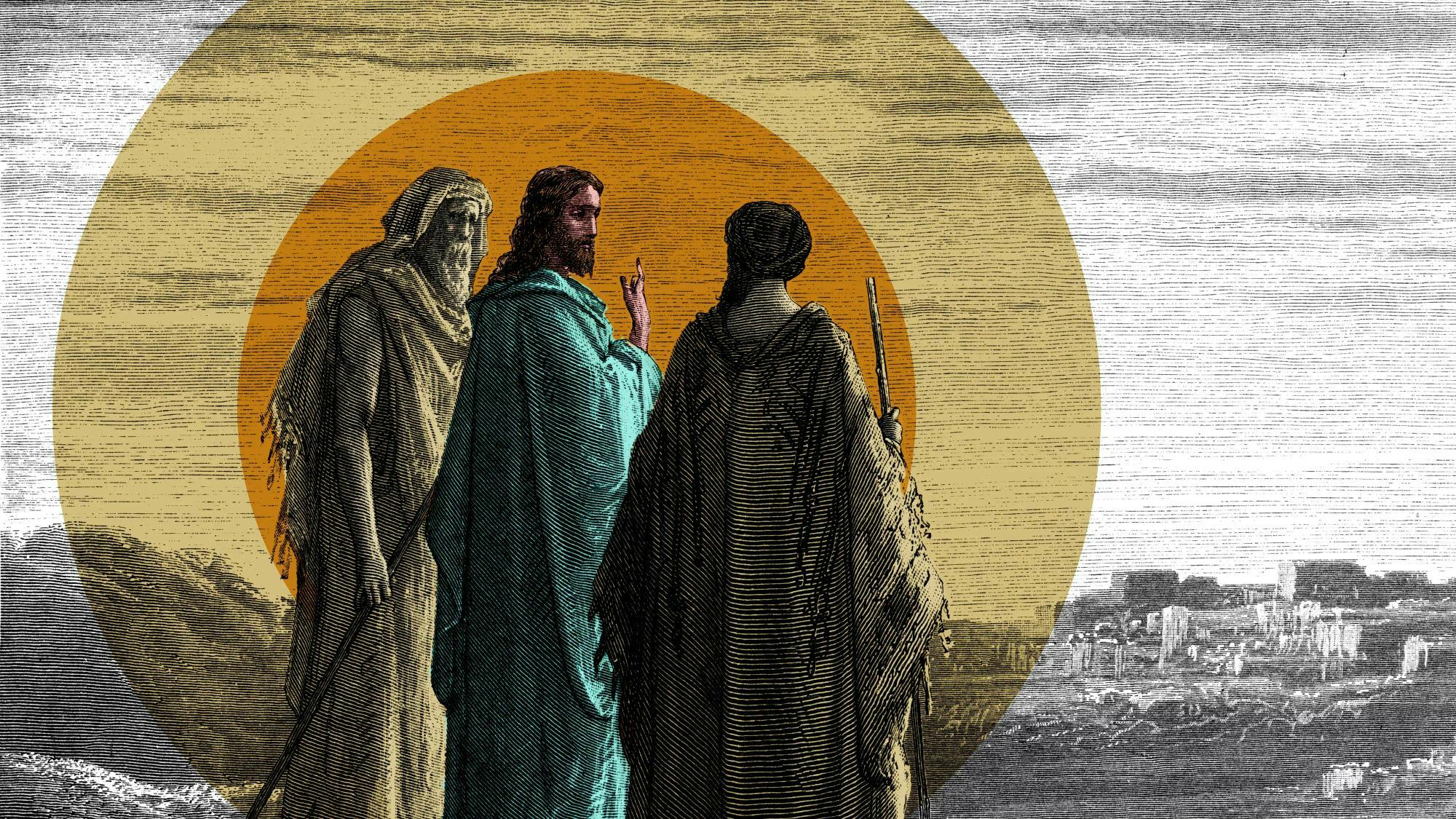 Christ walking on the road to Emmaus with disciples